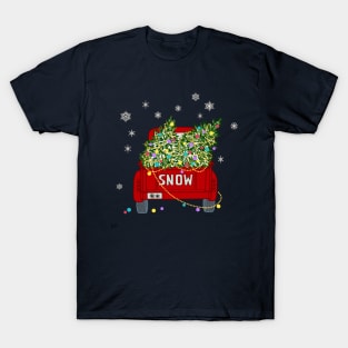 Decorated Christmas Trees on Red Old Truck Snowing T-Shirt